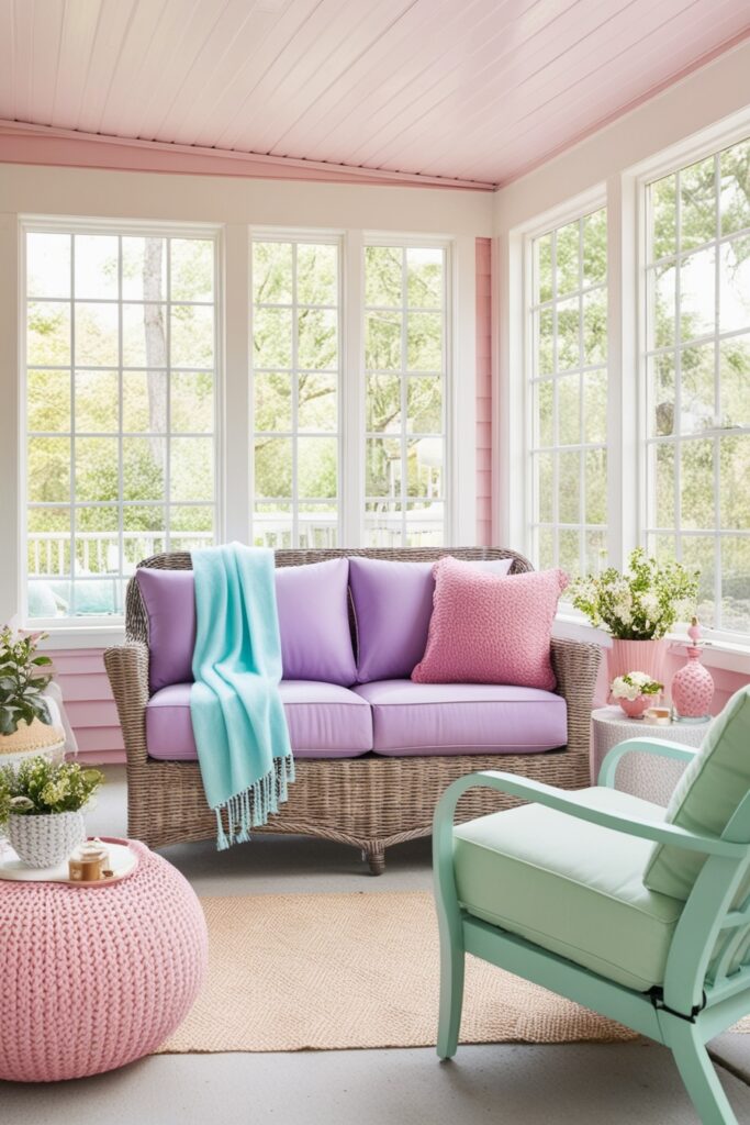 pastel sunroom with a blend of patio furniture and indoor pieces—wicker loveseat with lavender cushions