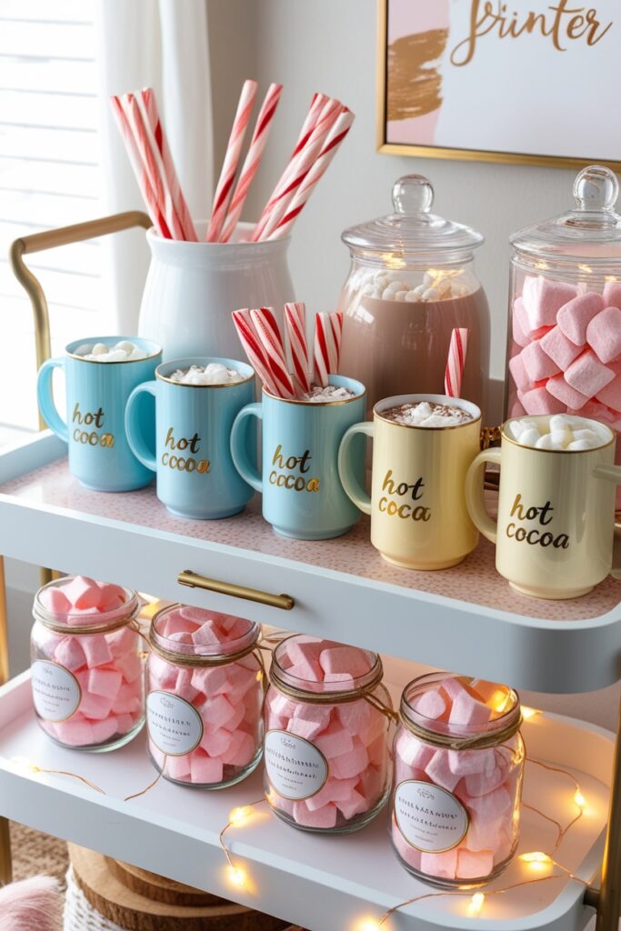 pastel winter hot cocoa bar cart with mugs