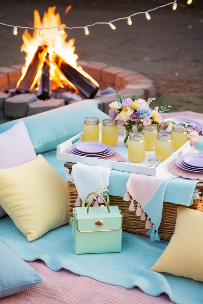 picnic setup near a glowing bonfire, featuring soft baby blue blankets