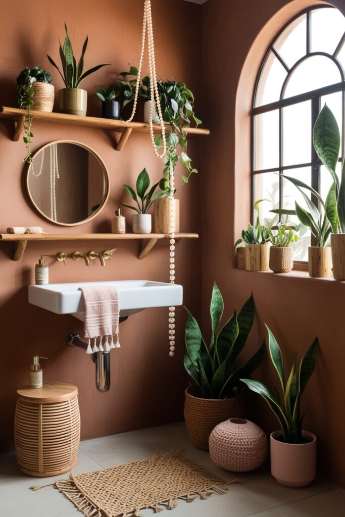 plant-filled boho bathroom with snake plants, pothos, and hanging string of pearls, wooden shelves