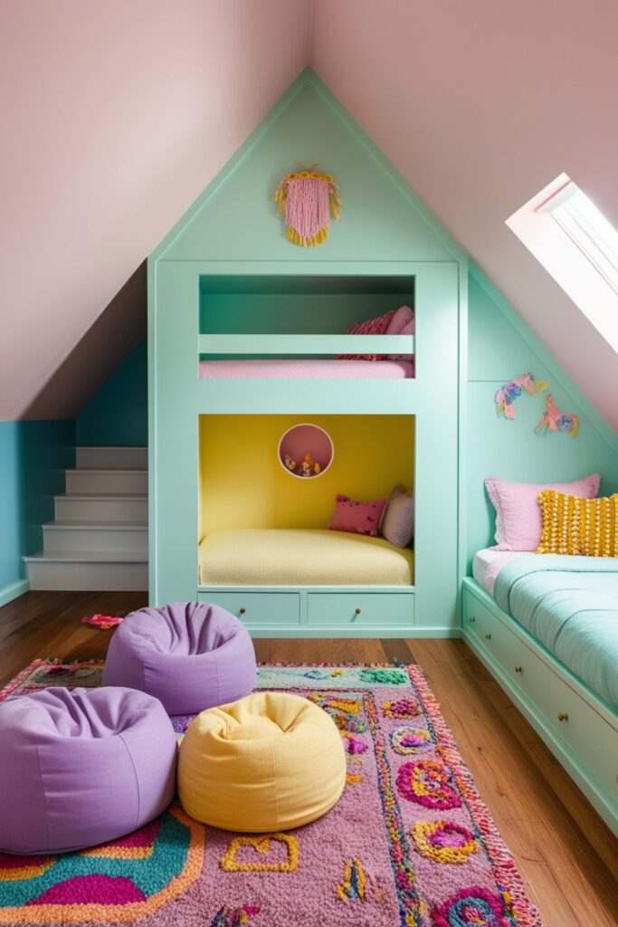 playful attic kids’ bedroom with pastel mint and baby blue built-in bunk beds