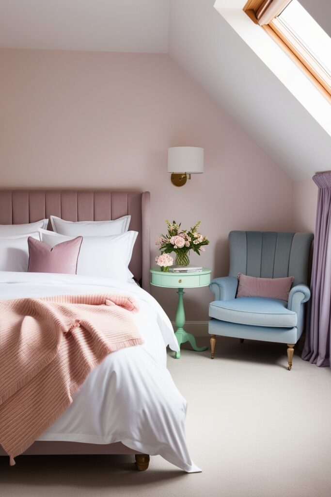 polished attic bedroom with crisp white bedding, a pastel blush throw