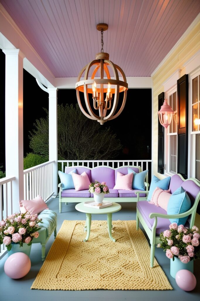 porch with a rustic wood chandelier glowing warmly overhead