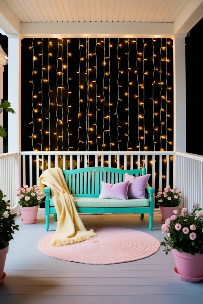 porch with dramatic string light curtains draped along the back wall