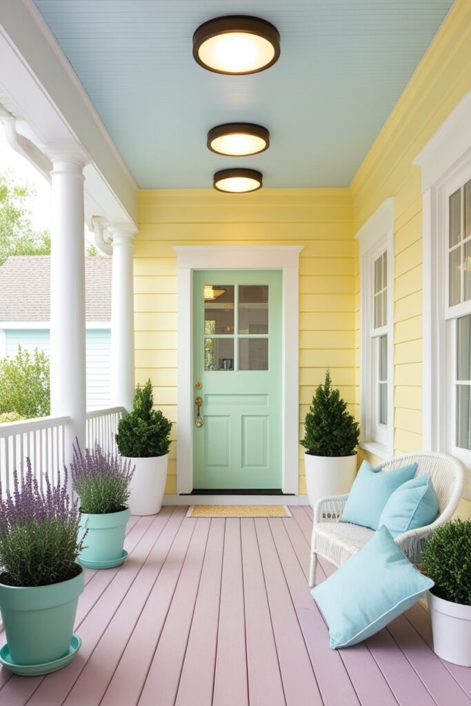 porch with flush mount ceiling lights glowing warmly