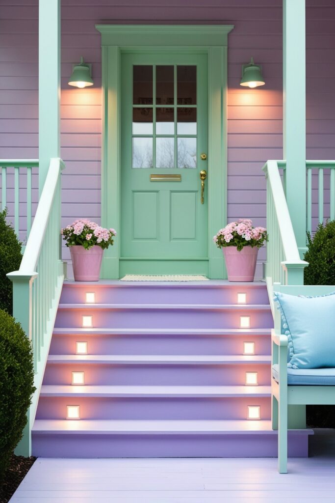 porch with glowing step lights built into lavender-painted stairs