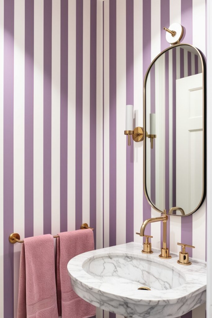 powder room with vertical pastel lavender and white striped wallpaper, minimal gold fixtures