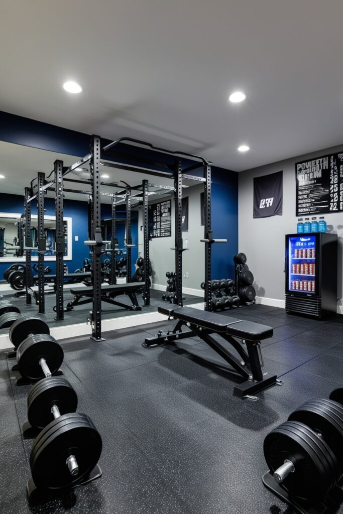 powerful home gym man cave with rubber flooring, matte black and steel gym equipment