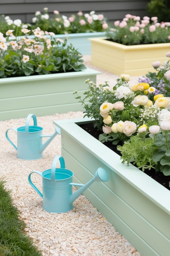 raised garden beds in soft mint and butter yellow, filled with blooming pastel flowers