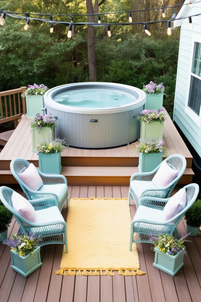 raised wooden deck with a circular hot tub in the center