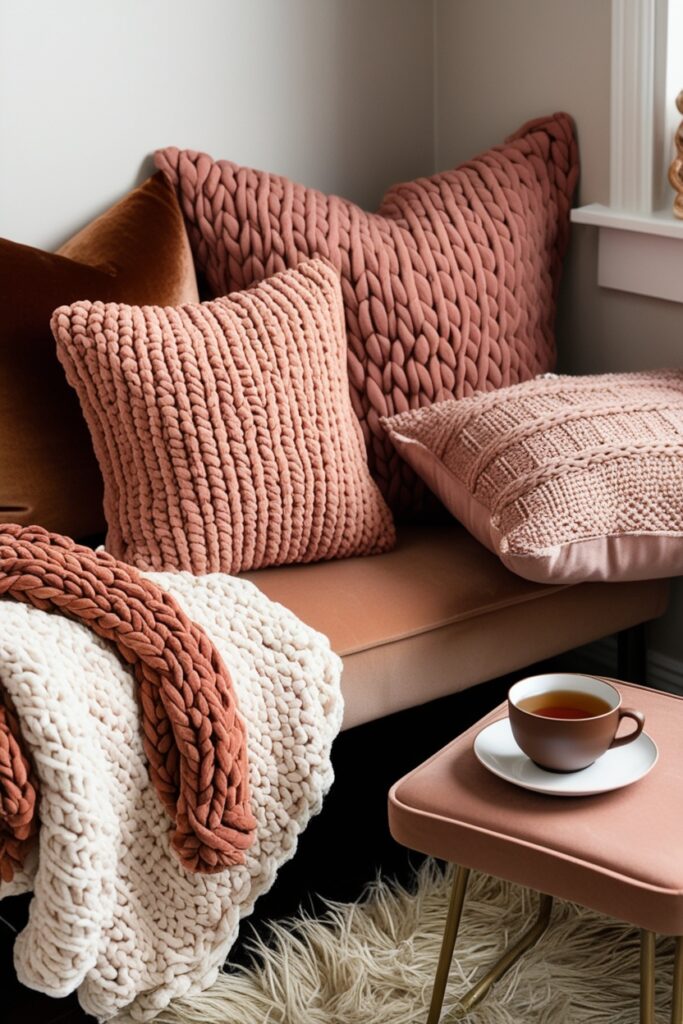 reading nook filled with chunky knit blankets, velvet and boucle cushions in warm colors
