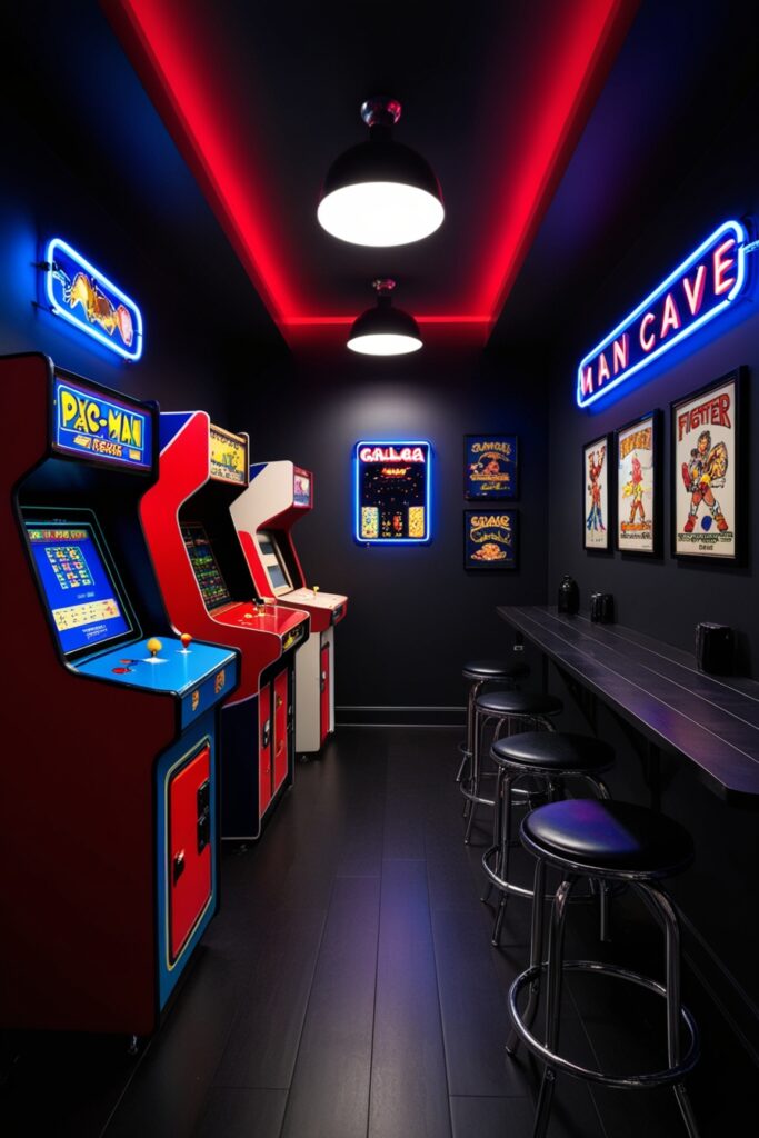 retro-style arcade man cave with classic arcade machines like Pac-Man and Street Fighter, checkerboard flooring