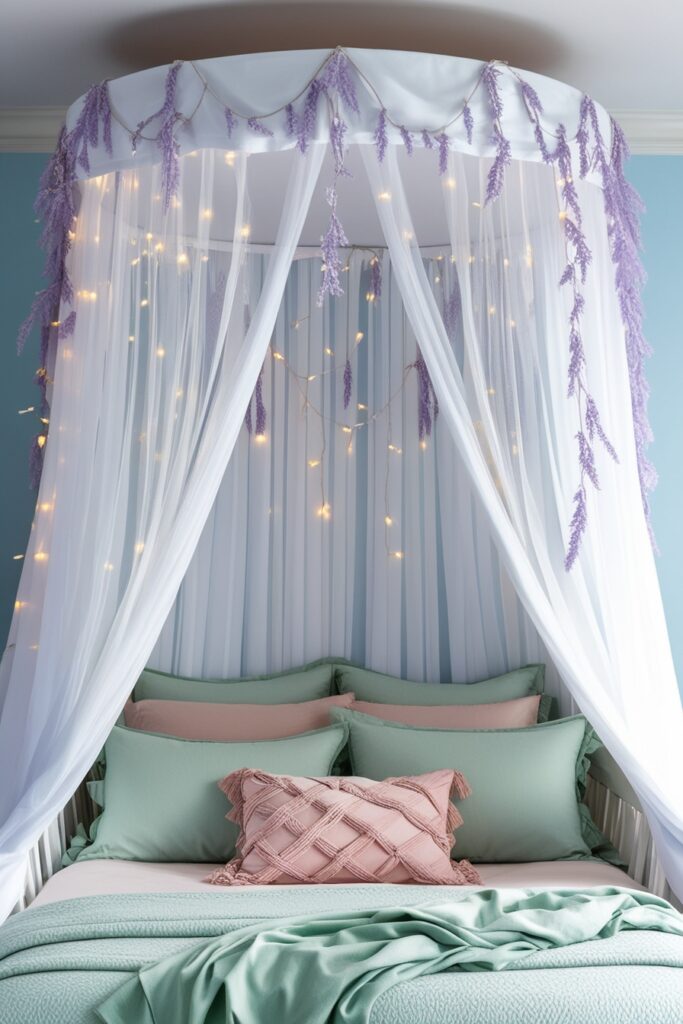 romantic bedroom with a white canopy bed draped in sheer fabric