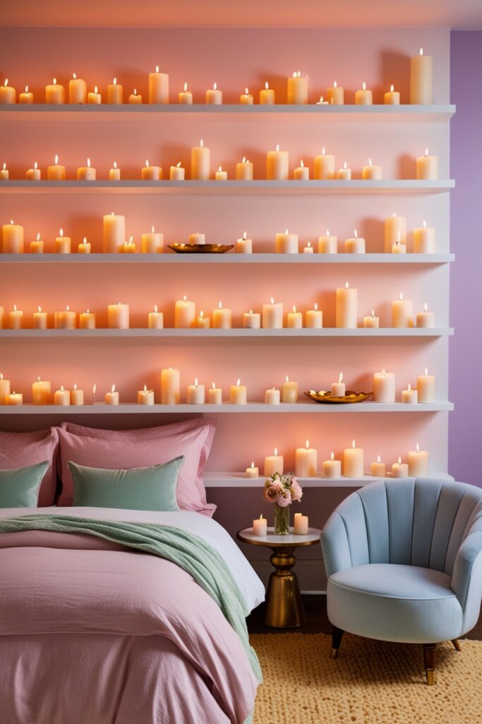 romantic pastel bedroom lit entirely by dozens of flickering candles, both real and faux,