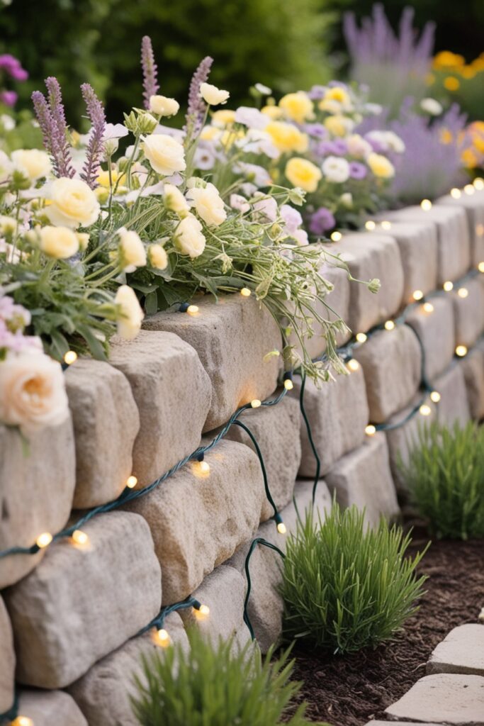 rustic stone retaining wall in a cottage-style garden, pastel flowers spilling over the edges