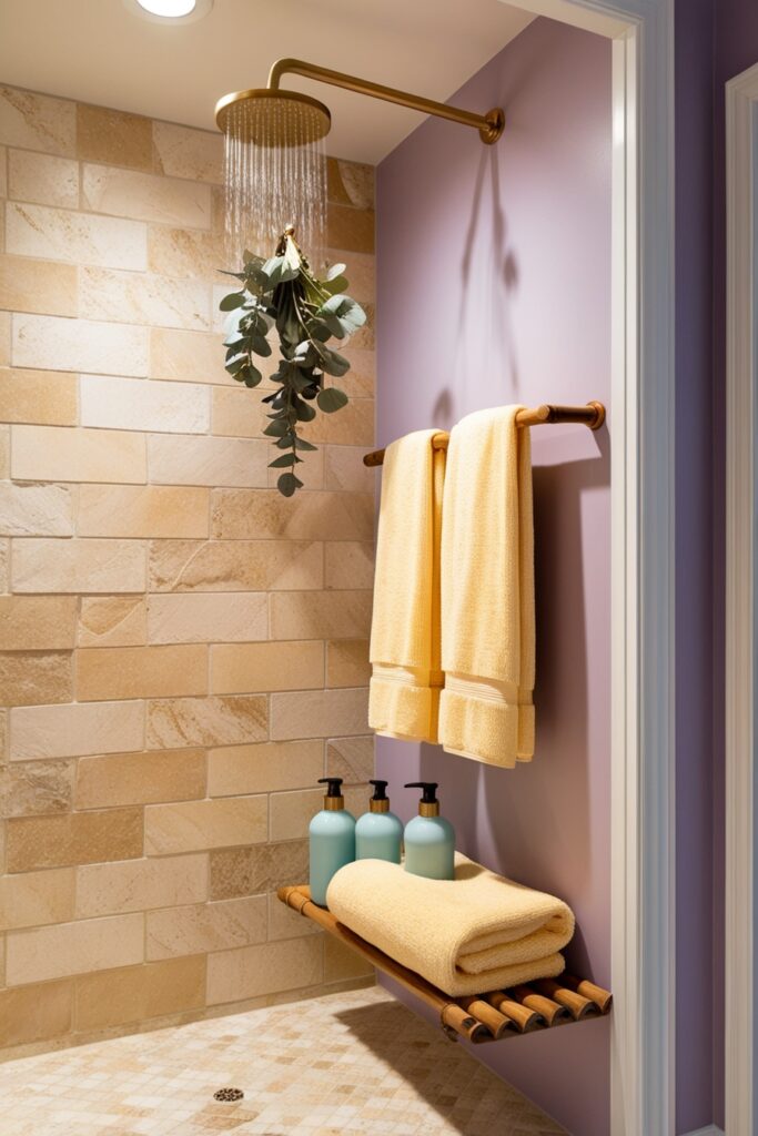 serene walk-in shower with creamy beige stone tiles and soft lavender painted walls (2)