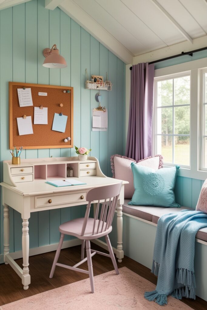 serene writer’s nook inside a she shed, with a vintage white desk