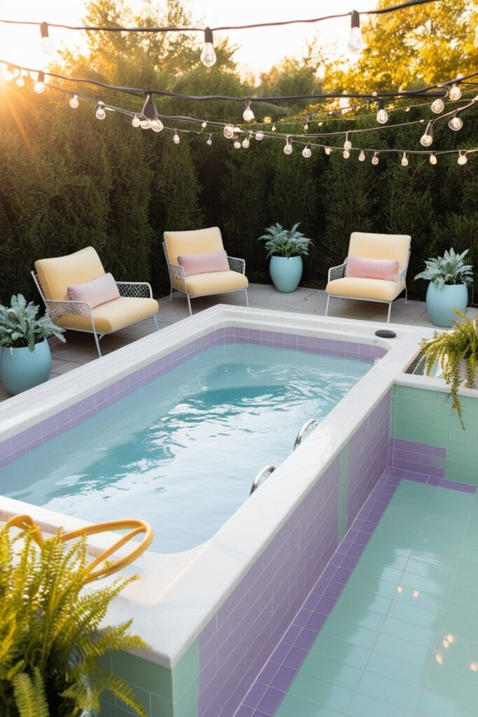 sleek built-in backyard hot tub surrounded by pastel mint green and lavender tile