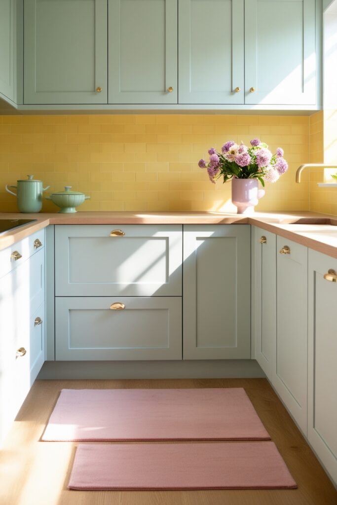 sleek kitchen with matte pastel blue cabinets and gold handles (2)
