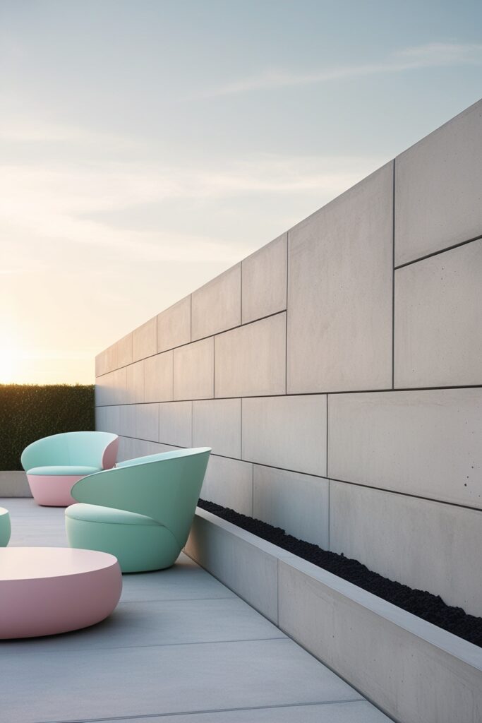 sleek modern concrete retaining wall, smooth lines, pastel pink and mint green patio furniture nearby (1)