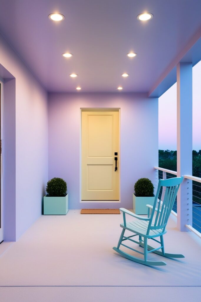 sleek pastel modern porch with recessed ceiling lights casting a soft glow