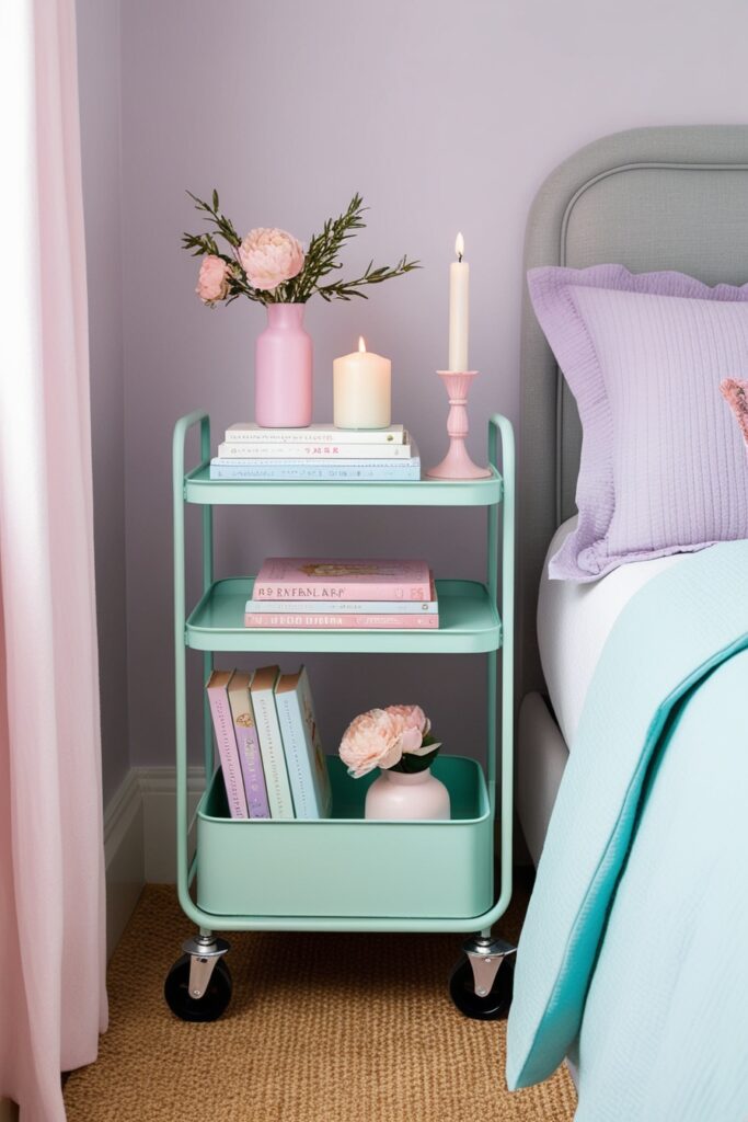 slim pastel mint rolling cart beside a bed, styled with books, candles, and a tiny pastel pink vase