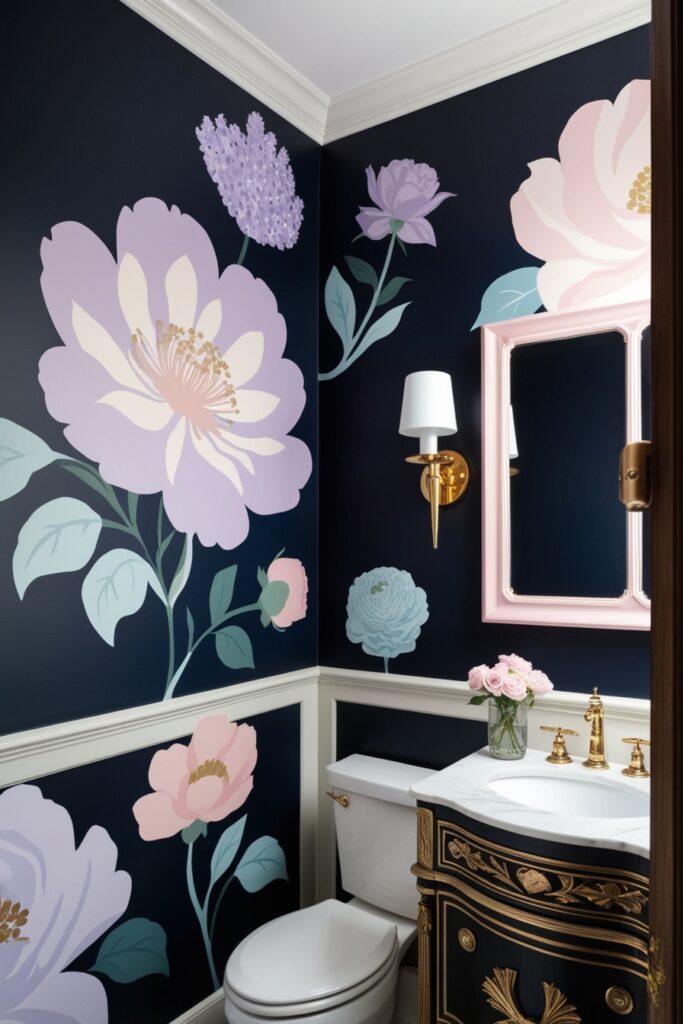 small bathroom with dark navy wallpaper featuring oversized pastel florals