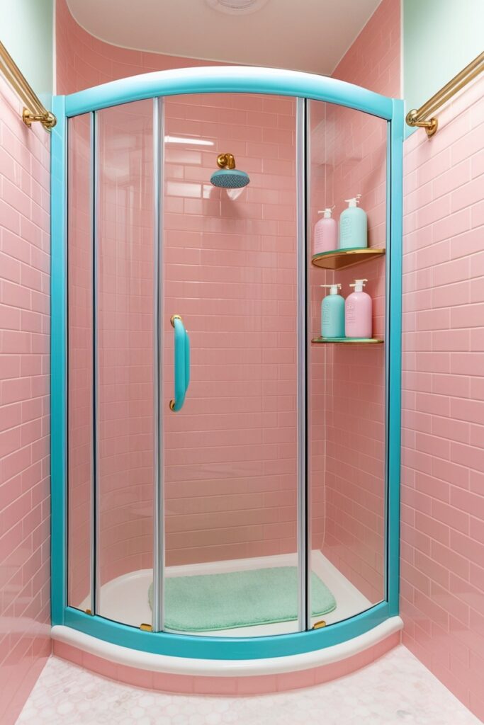 small corner walk-in shower with curved glass doors. Walls are pastel pink subway tiles