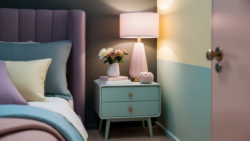 small nightstand in beautiful bedroom