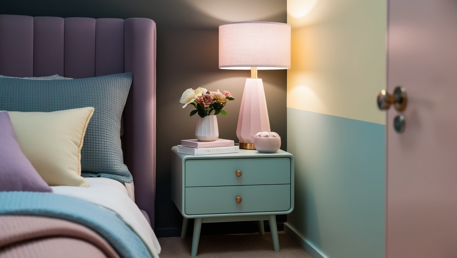 small nightstand in beautiful bedroom
