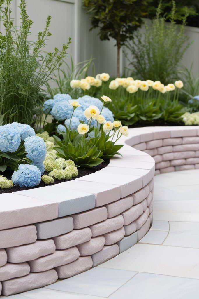 soft curved pastel stone retaining wall, accented with baby blue and butter yellow flowers