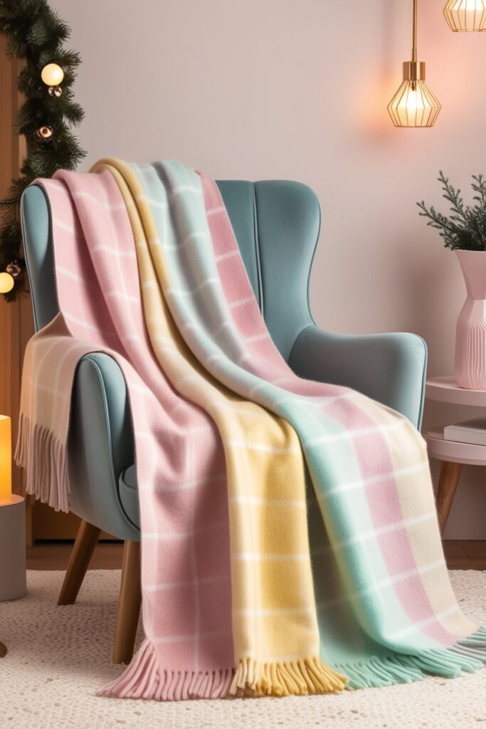 soft pastel plaid wool throw blanket in blush pink, butter yellow, and mint green draped over a chair