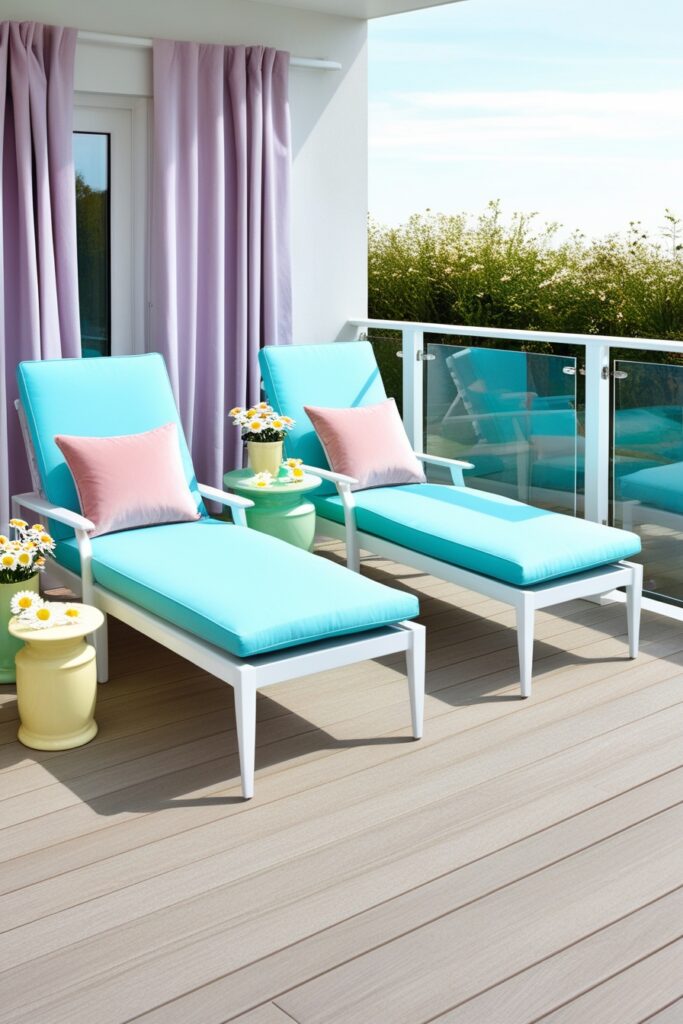 stylish deck with crystal-clear glass panel railings, baby blue lounge chairs