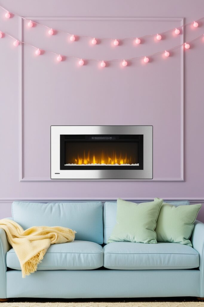 stylish living room with a sleek electric fireplace insert inside a pastel lavender wall