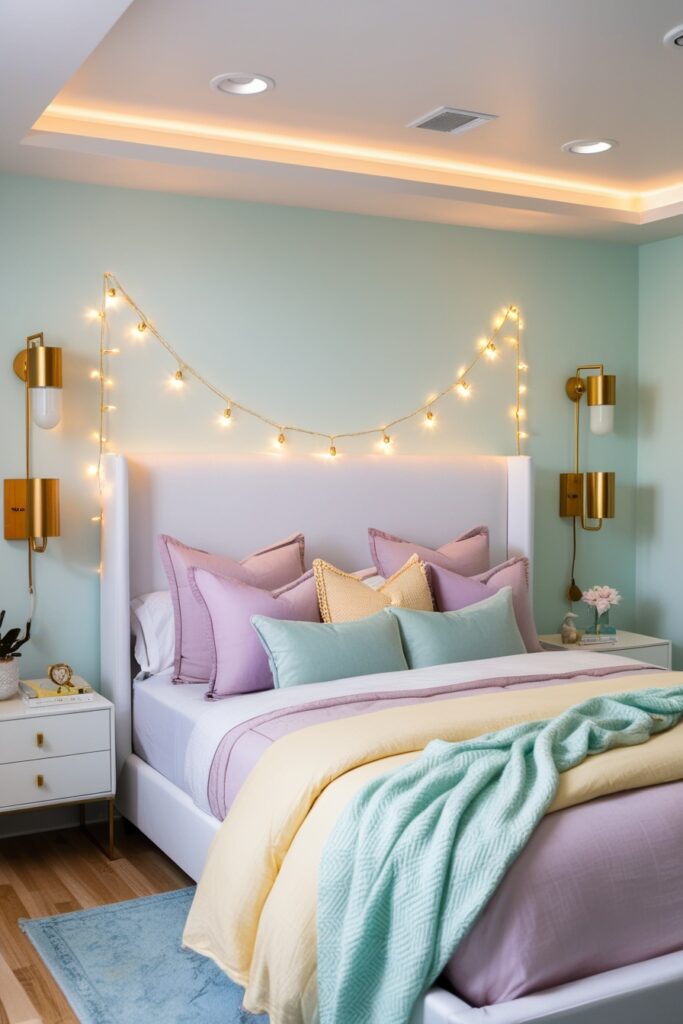 stylish pastel bedroom showcasing layered lighting recessed ceiling lights, gold bedside sconces,