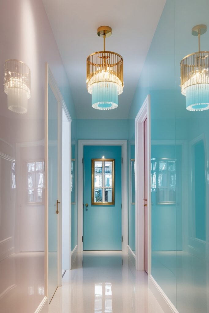 stylish pastel-themed hallway with a mini chandelier or modern pendant light