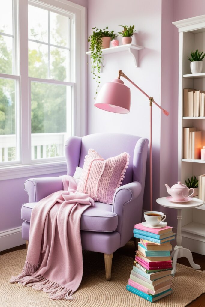 sunroom reading nook with a pastel lavender armchair, a soft throw blanket, stacked books, a baby pink floor lamp