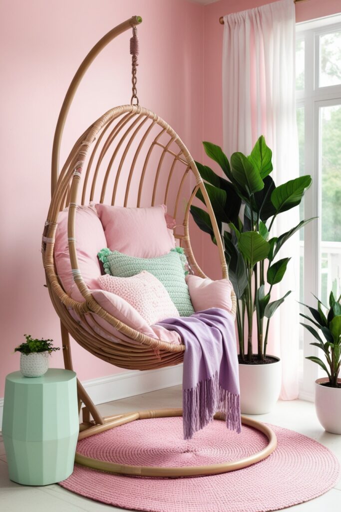 sunroom with a hanging rattan egg chair covered in pastel pillows and a lavender throw blanket
