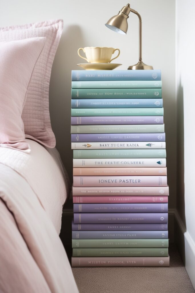 tall stack of pastel-colored books (baby blue, mint, lavender, blush pink) used as a nightstand beside a bed