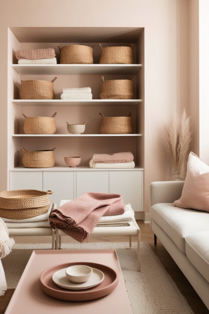 tidy but lived-in apartment with open shelves styled with baskets, cozy throws neatly folded, and aesthetic trays on tables