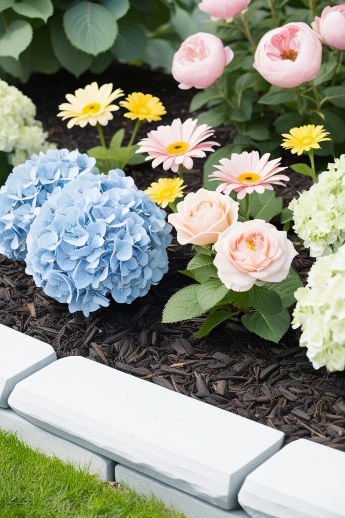 tidy garden bed with rich dark mulch, pastel flower clusters