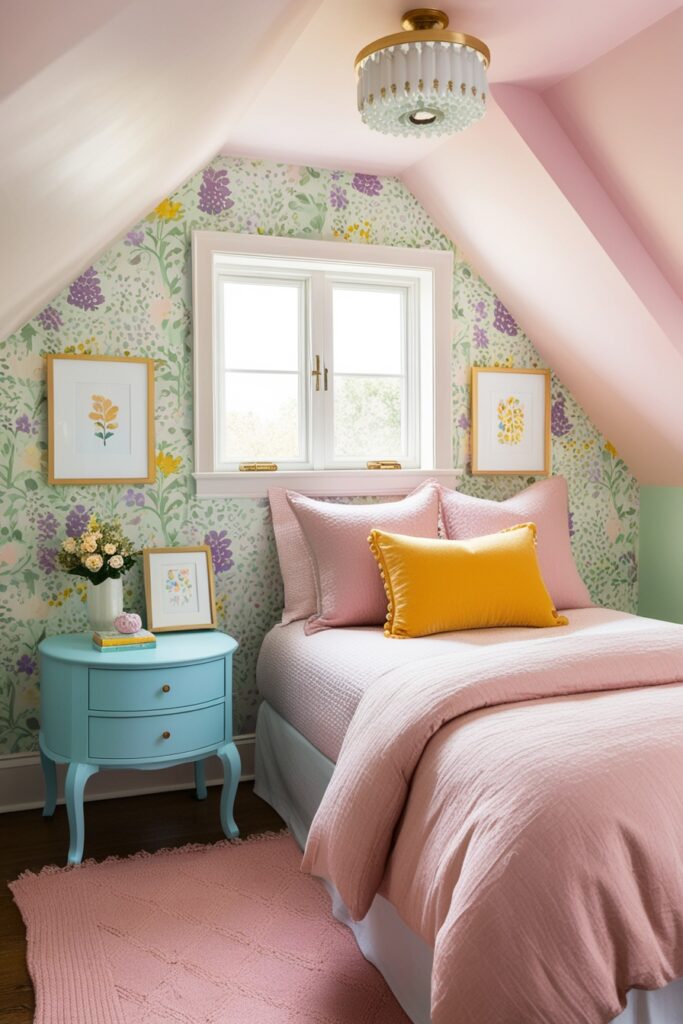 tiny attic bedroom with pastel floral wallpaper