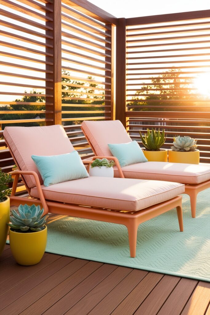 trendy deck with horizontal wood slat railings