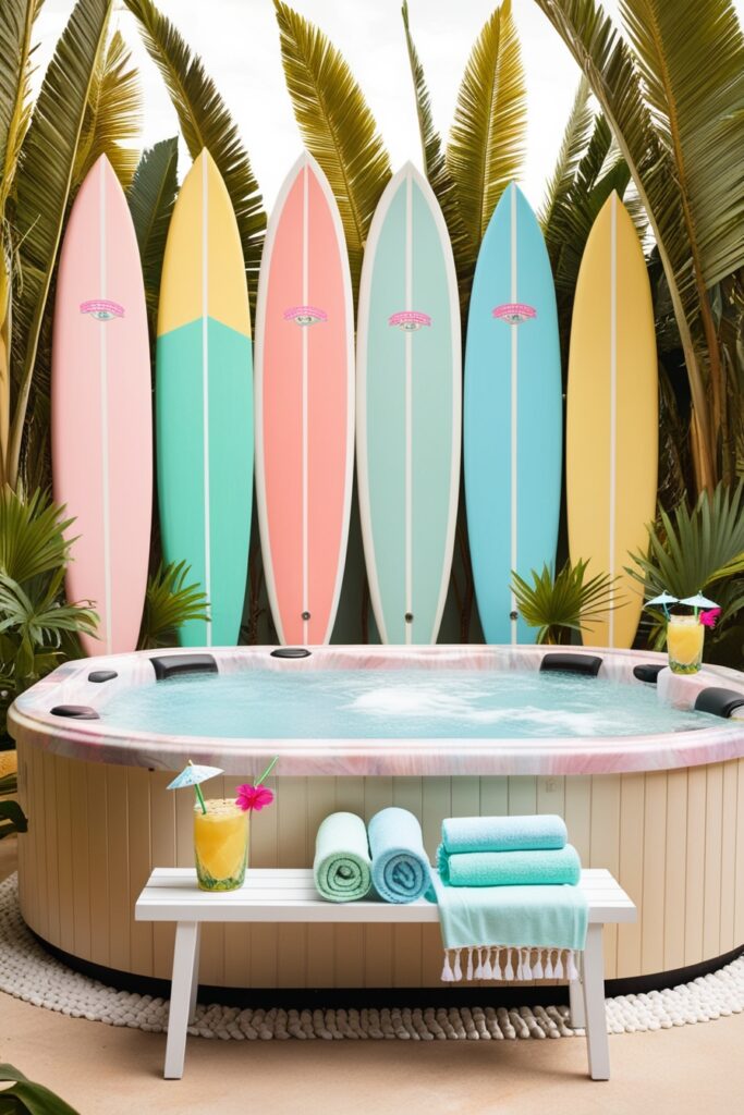 tropical hot tub surrounded by pink and butter yellow-painted surfboards