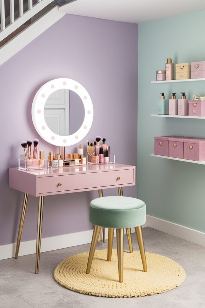 under-stair beauty vanity setup with a floating blush pink vanity table, a round LED makeup mirror with soft lighting