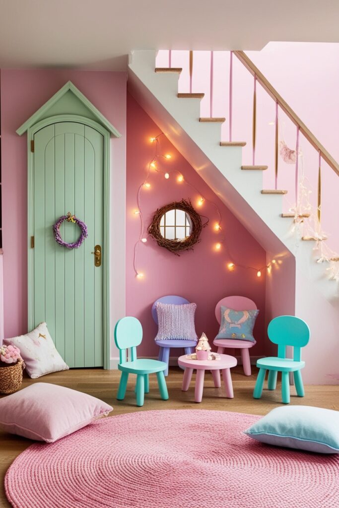 under-stair kids playhouse with pastel colored door