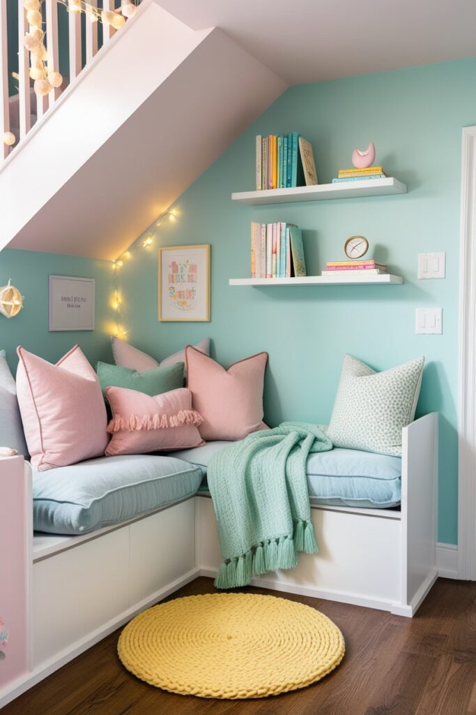 under-staircase reading nook with plush pastel cushions, floating bookshelves, fairy lights,