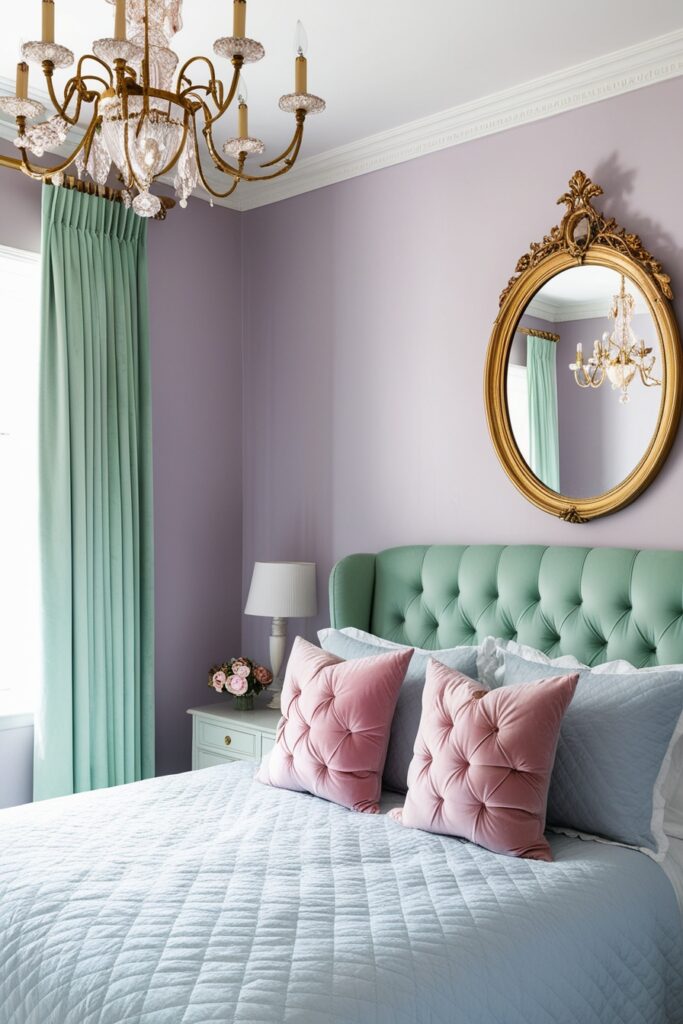 vintage-inspired feminine bedroom with mint green velvet curtains, a gold-framed oval mirror