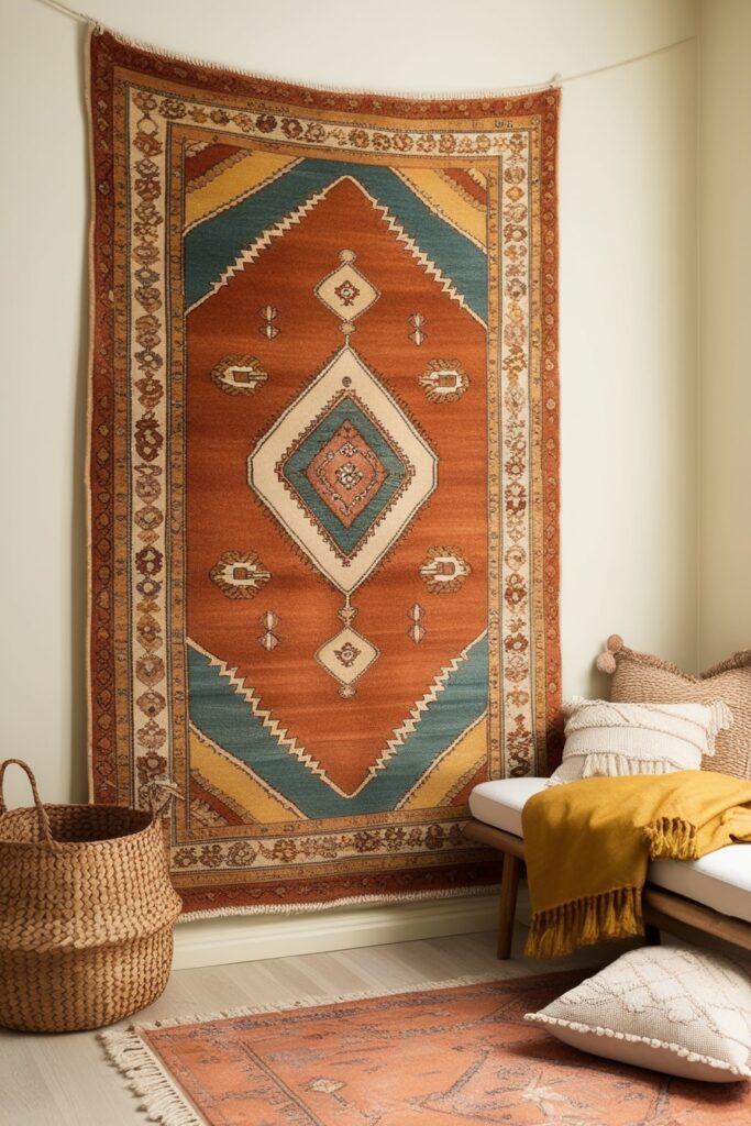 vintage rug with intricate boho patterns in warm burnt orange, muted teal, mustard yellow, and cream hanging on a soft cream wall