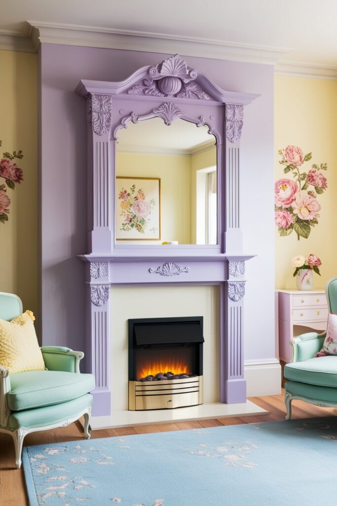 vintage-style ornate mantel painted pastel lavender, housing a modern sleek electric fireplace insert